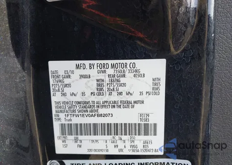 2010 Ford F-150 Fx4/Harley-Davidson/King Ranch/Lariat/Platinum/Xl/Xlt from USA, damaged, VIN 1FTFW1EV0AFB82073